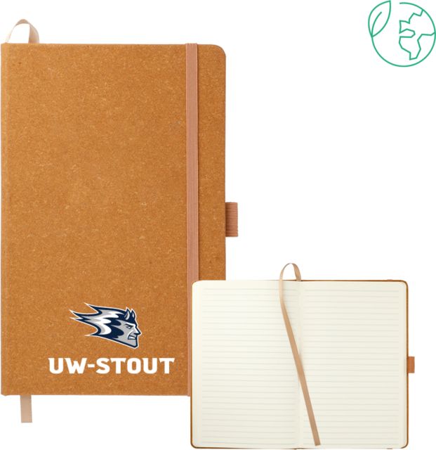 UW Stout 5.5 x 8.5 Natural FSC Mix Recycled Leather Bound Journal Blaze UW-Stout Lock Up- ONLINE ONLY