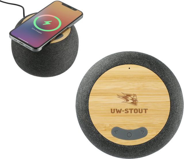 UW Stout Garm Fabric and Bamboo Speaker with Wireless Charging Blaze UW-Stout Lock Up Engraved- ONLINE ONLY